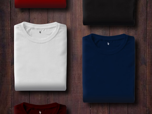 Folded white and navy t-shirts shown as product selection examples